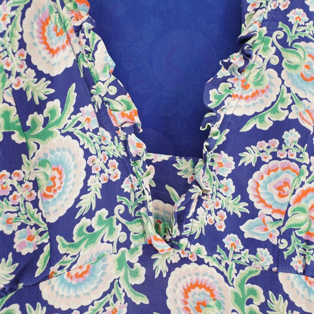 Banjaran Floral Silk Dress Womens XS Blue Knee Length Ruffle Full Skirt Tie Back - Picture 4 of 14